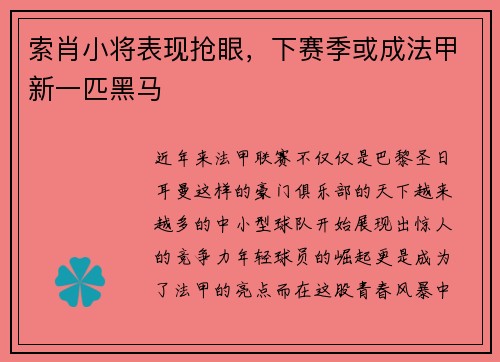 索肖小将表现抢眼，下赛季或成法甲新一匹黑马